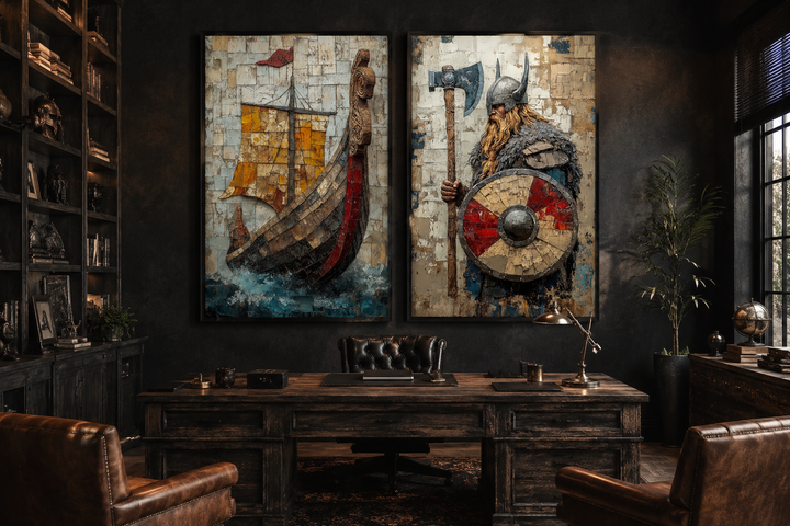 Viking Wall Art Set of 2 featuring a Norse warrior and a longship in a dark office setting.