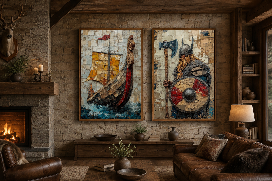 Viking wall art set of 2 featuring a Norse warrior and a longship in a rustic living room.