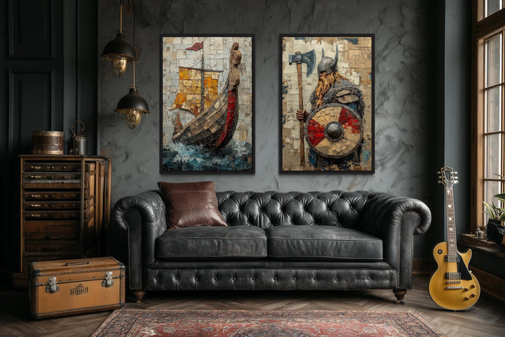 Viking Wall Art Set of 2 featuring a Norse warrior and a longship on canvas above a leather sofa.