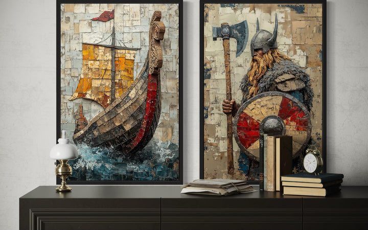 Set of 2 Viking canvas prints featuring a longship and a Norse warrior with an axe and shield.