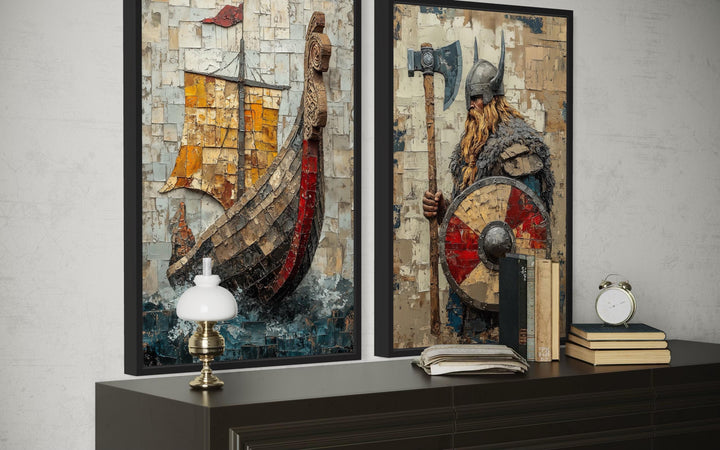Viking Wall Art Set of 2 featuring a Norse warrior and a longship on textured canvas prints.