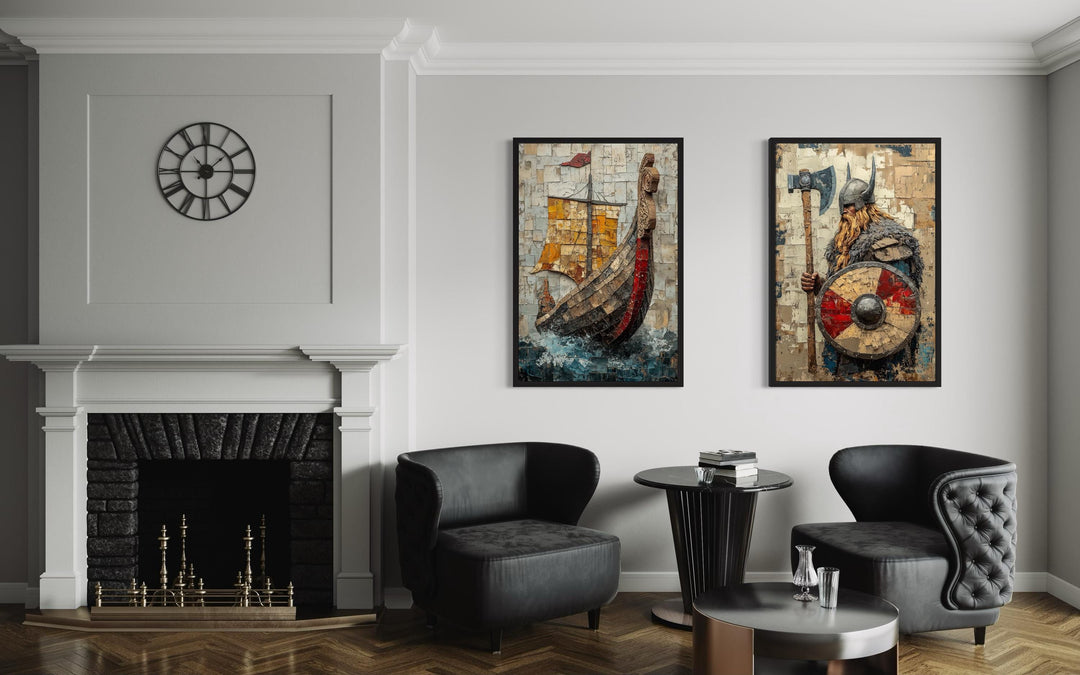 Viking wall art set of 2 featuring a Norse warrior and a longship on a white wall above armchairs.