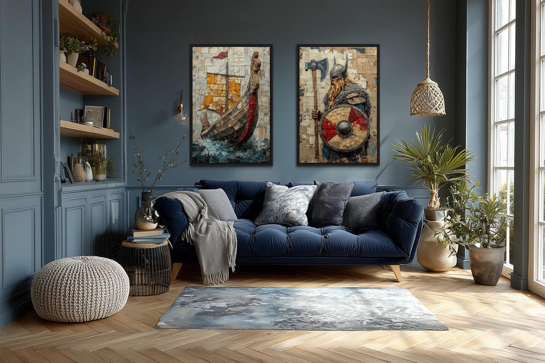 Viking wall art set of 2 featuring a Norse warrior and a longship canvas print in a blue living room.