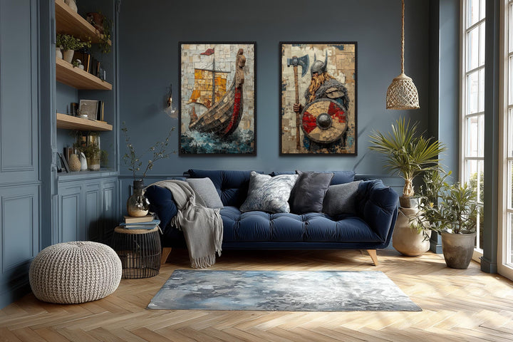 Viking wall art set of 2 featuring a Norse warrior and a longship canvas print in a blue living room.