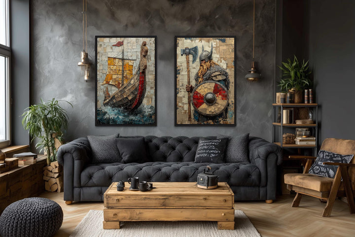 Viking wall art set of 2 featuring a Norse warrior and a longship on a dark textured wall.