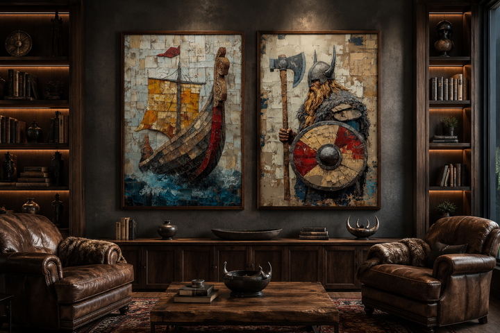 Set of two Viking canvas prints featuring a Norse longship and a warrior with an axe and shield.