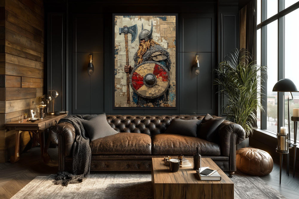 Viking Warrior Canvas Wall Art featuring a warrior with an axe and shield in a dark, modern room.