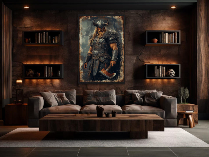 Viking warrior framed canvas wall art featuring a fierce fighter with an axe in a dark man cave.