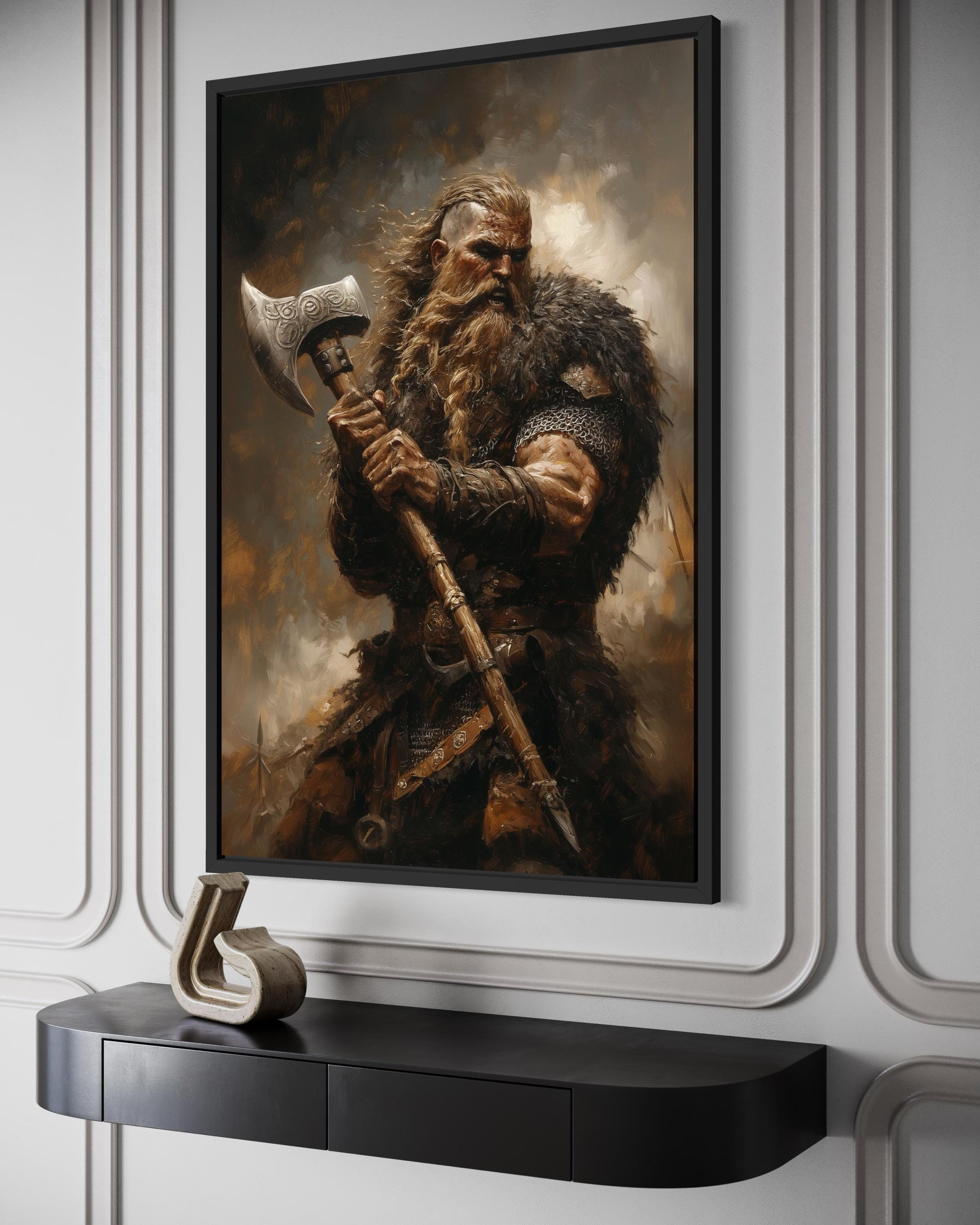 Viking Warrior Wall Art: Norse Battle Axe Canvas Decor – Wall