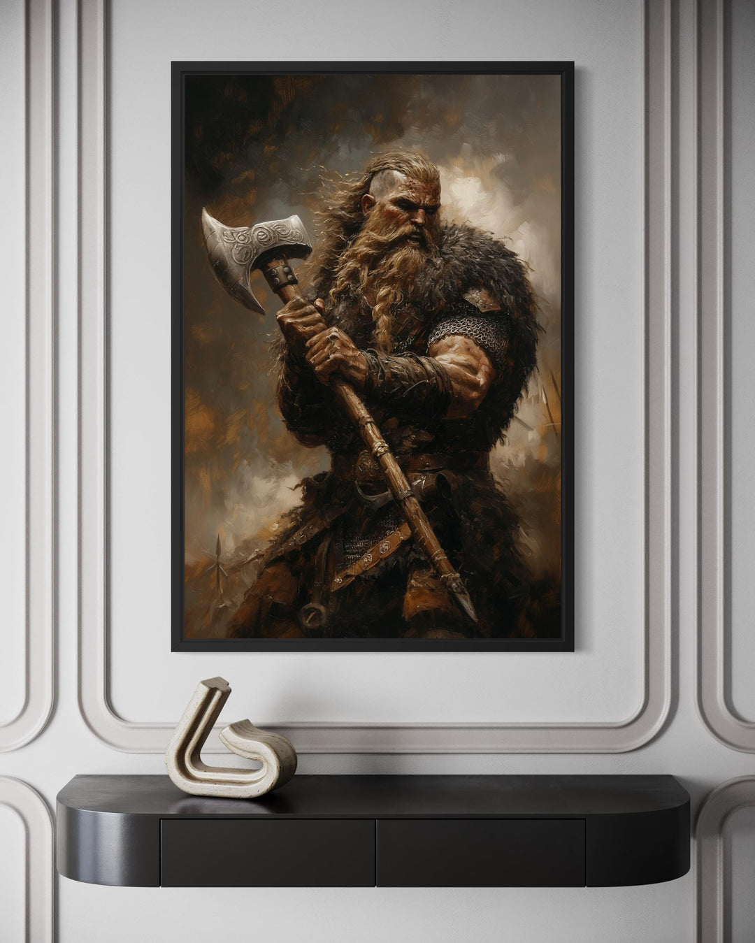 Framed painting of a Viking warrior with a battle axe.