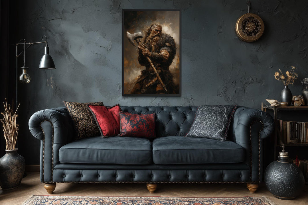 Viking warrior painting with battle axe on dark textured wall.