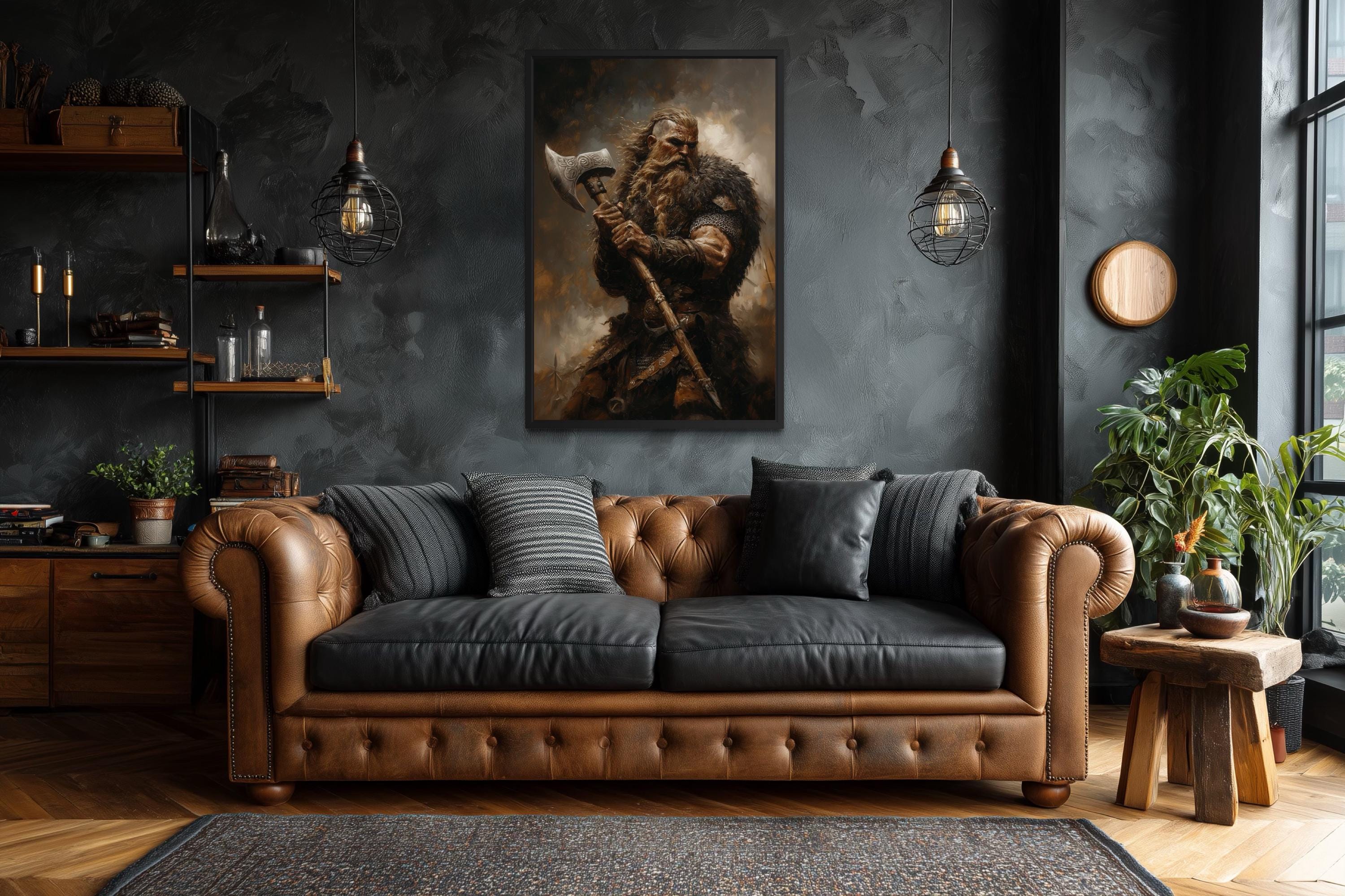 Viking Warrior Wall Art: Norse Battle Axe Canvas Decor – Wall
