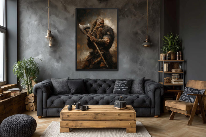 Viking warrior with axe framed canvas wall art.