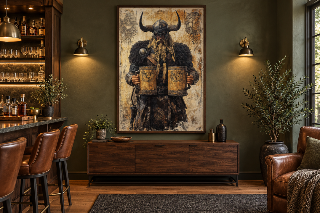 Viking warrior holding two beer tankards wall art in a rustic home bar setting.