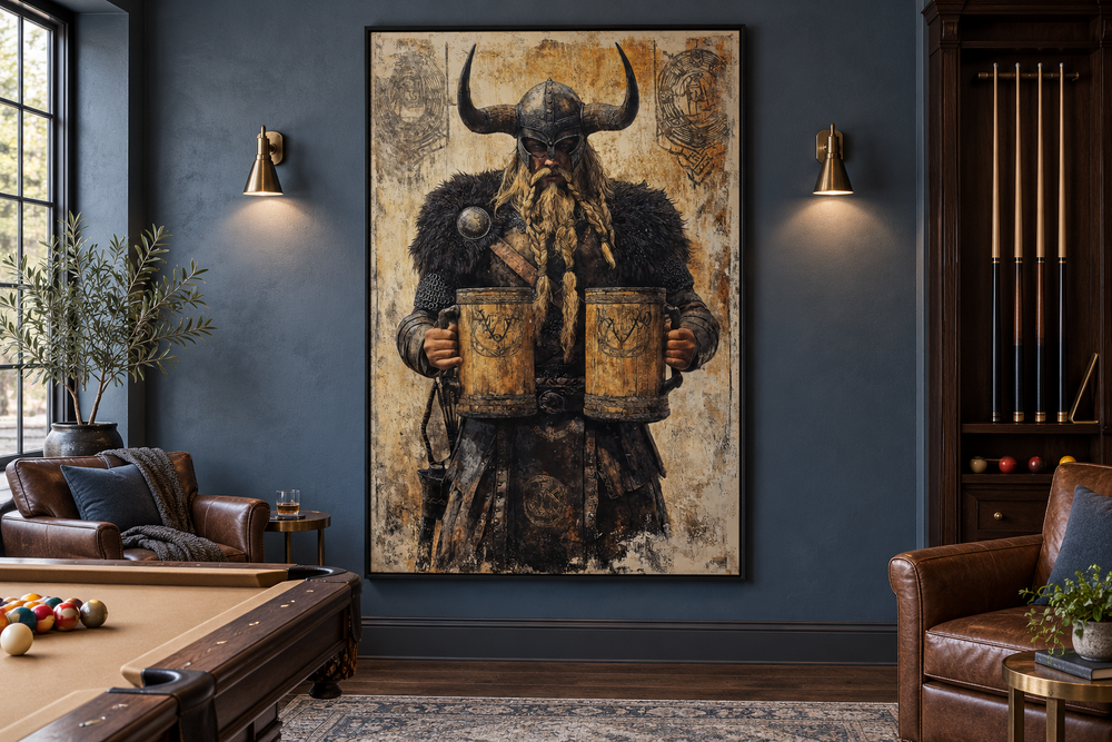 Viking warrior holding two beer tankards wall art in a dark blue man cave with a pool table.