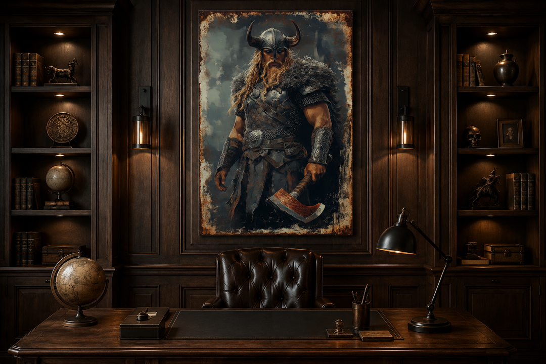 Viking warrior framed canvas wall art with axe and horned helmet in a dark wood office setting.