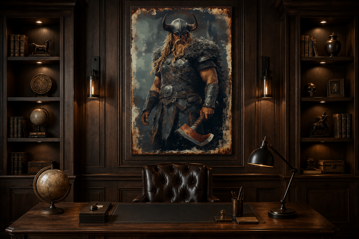 Viking warrior framed canvas wall art with axe and horned helmet in a dark wood office setting.