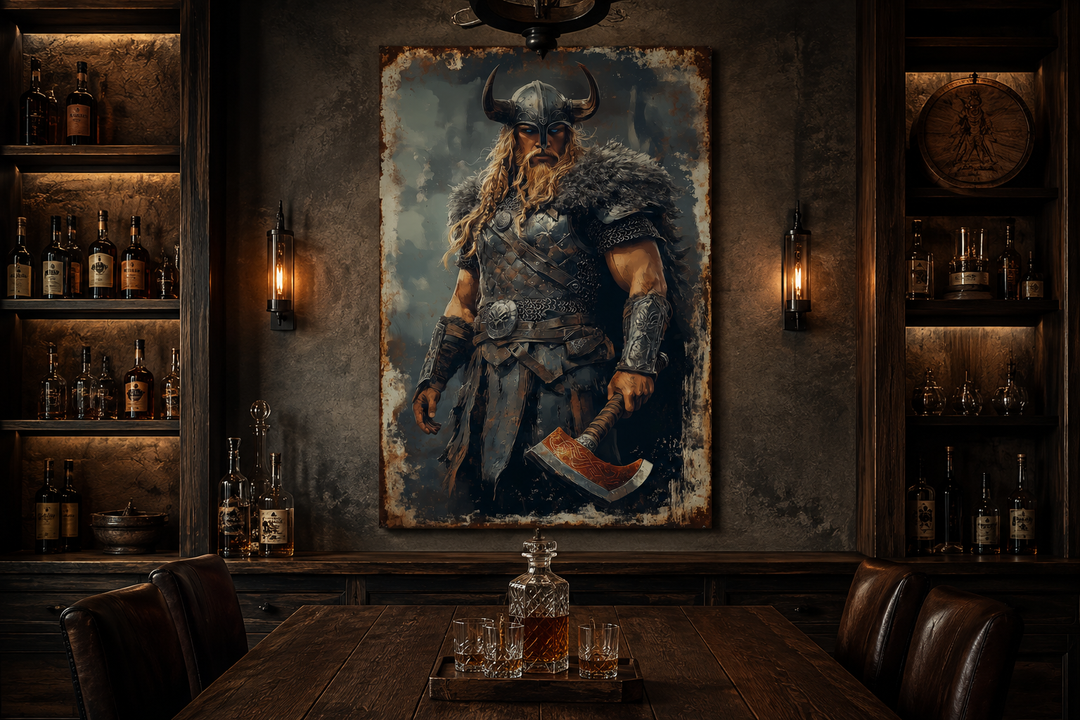 Viking warrior wall art with a horned helmet and axe, displayed in a dark, rustic man cave setting.