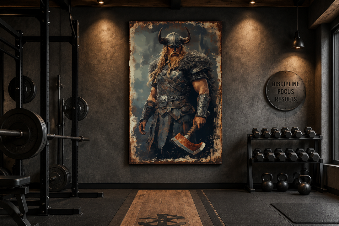 Viking warrior framed canvas wall art with a horned helmet and axe in a dark, industrial home gym.