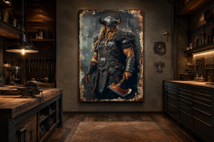 Viking warrior wall art featuring a fierce fighter with an axe in a rustic workshop setting.