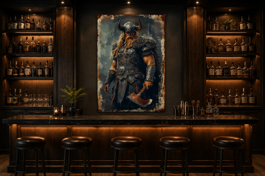 Viking warrior wall art with horned helmet and axe displayed in a dark wood home bar setting.