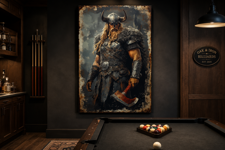Viking warrior framed canvas wall art featuring a fierce fighter with an axe in a man cave setting.