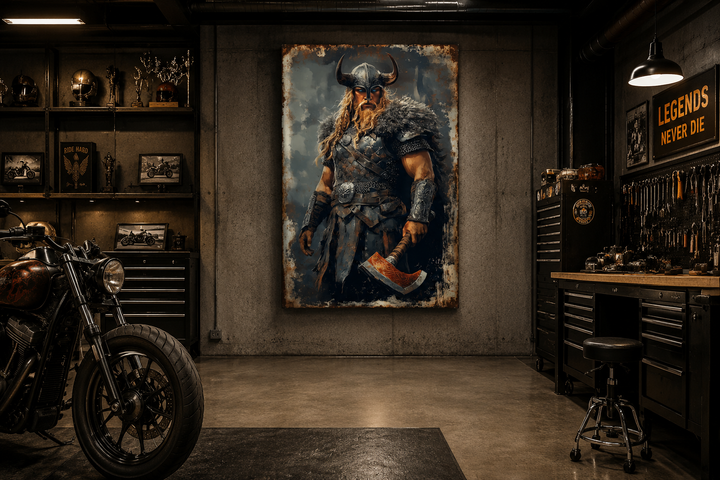 Viking warrior framed canvas wall art with axe and horned helmet in a masculine garage man cave.