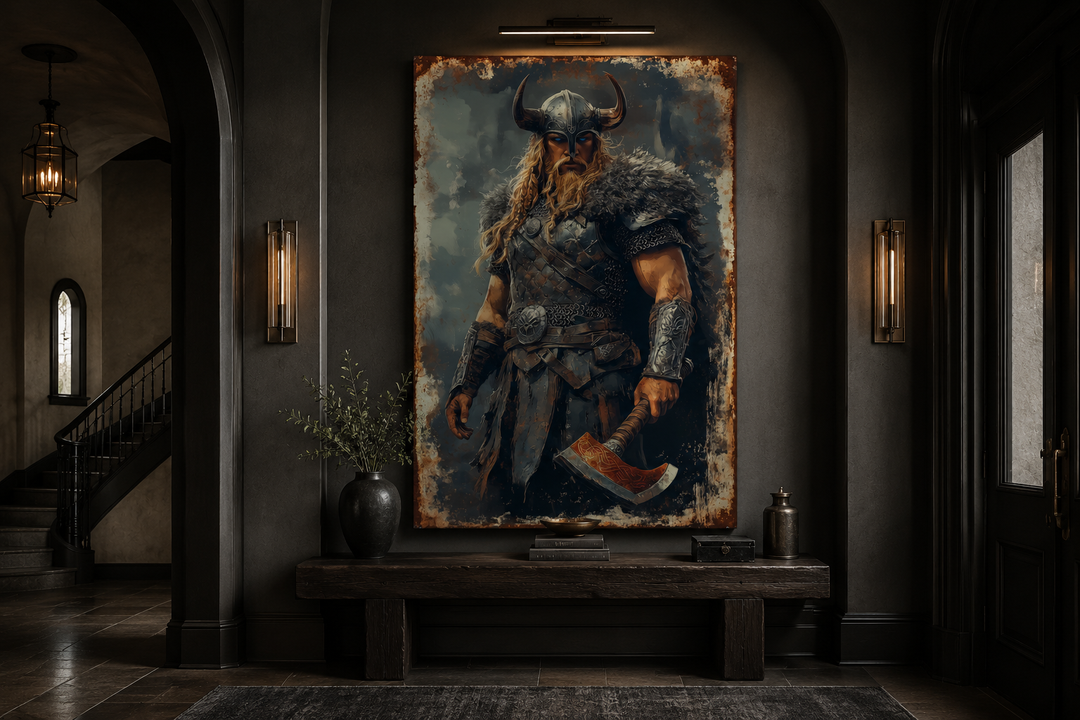 Viking warrior framed canvas wall art featuring a fierce fighter with an axe in a dark room.