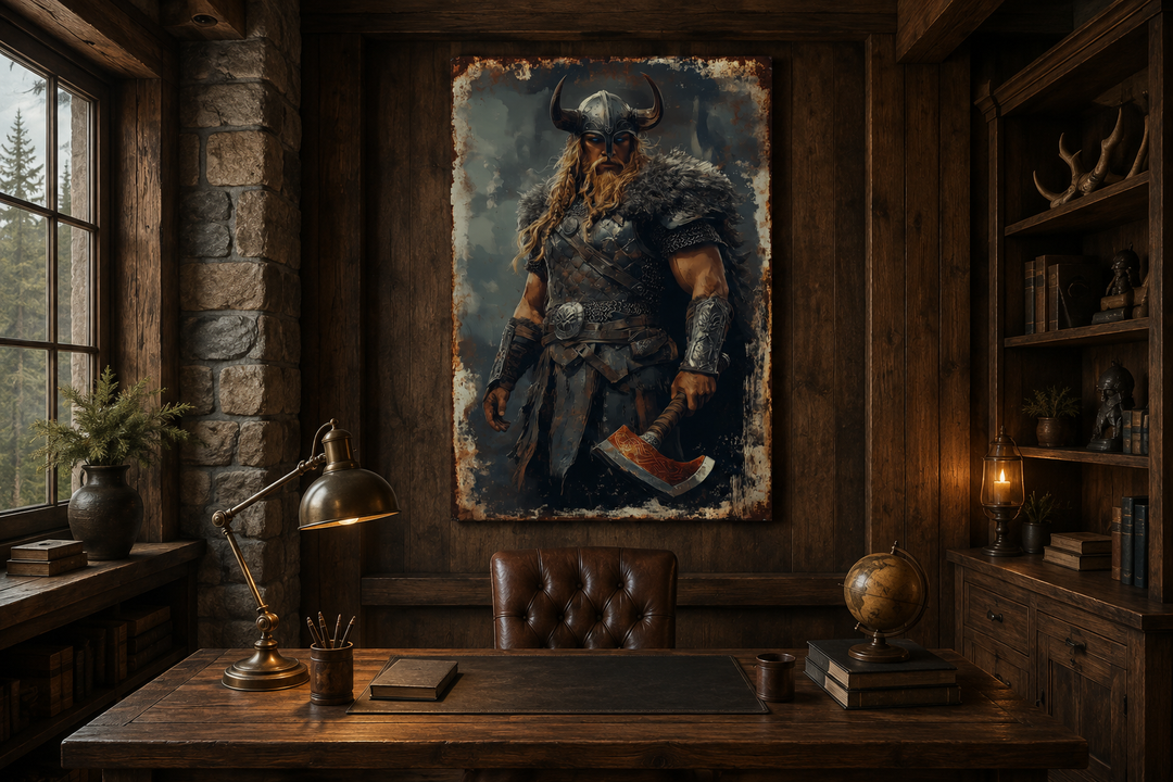 Viking warrior wall art with horned helmet and axe, hanging in a rustic wood-paneled man cave.