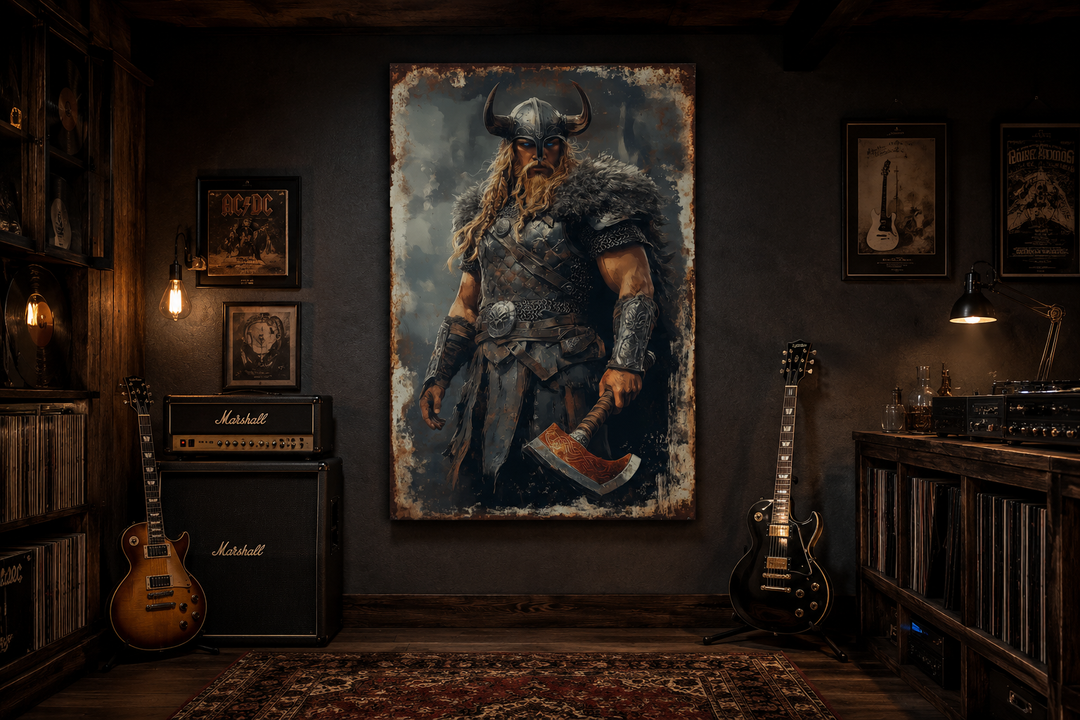 Viking warrior wall art on a dark wall in a man cave with guitars and Marshall amplifiers.