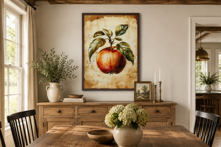 Vintage apple painting in a dark wood frame hanging above a rustic sideboard in a dining room.