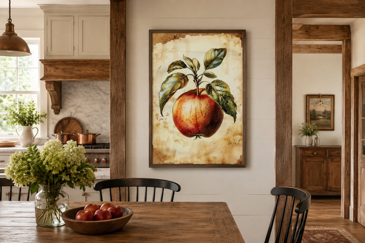 Vintage apple painting in a dark wood frame hanging on a white wall in a rustic kitchen.