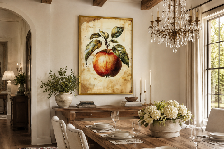 Vintage apple painting in a gold frame hanging above a wooden sideboard in a rustic dining room.