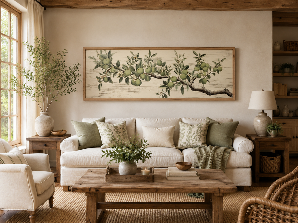 Vintage apple tree branch horizontal framed canvas wall art above a sofa in a farmhouse living room.
