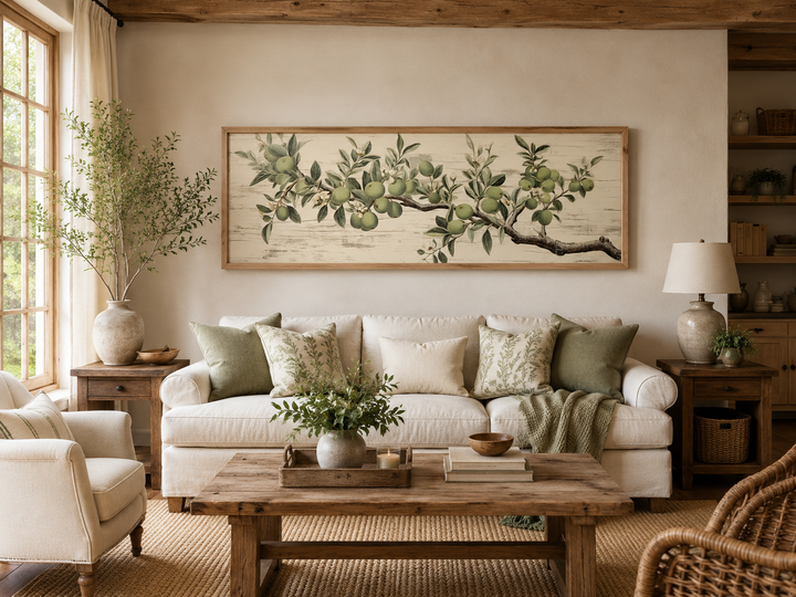 Vintage apple tree branch horizontal framed canvas wall art above a sofa in a farmhouse living room.