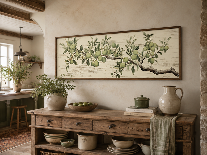 Vintage apple tree branch horizontal framed canvas wall art above a rustic wooden sideboard.