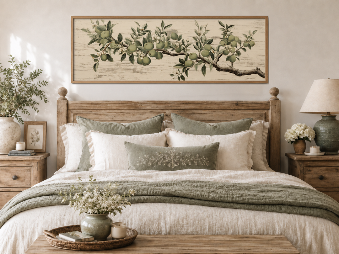 Vintage apple tree branch horizontal framed canvas wall art above a bed in a farmhouse bedroom.