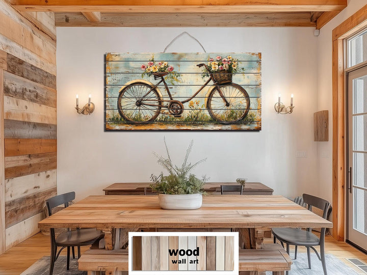 Vintage Bicycle With Flowers Distressed Wood Wall Art