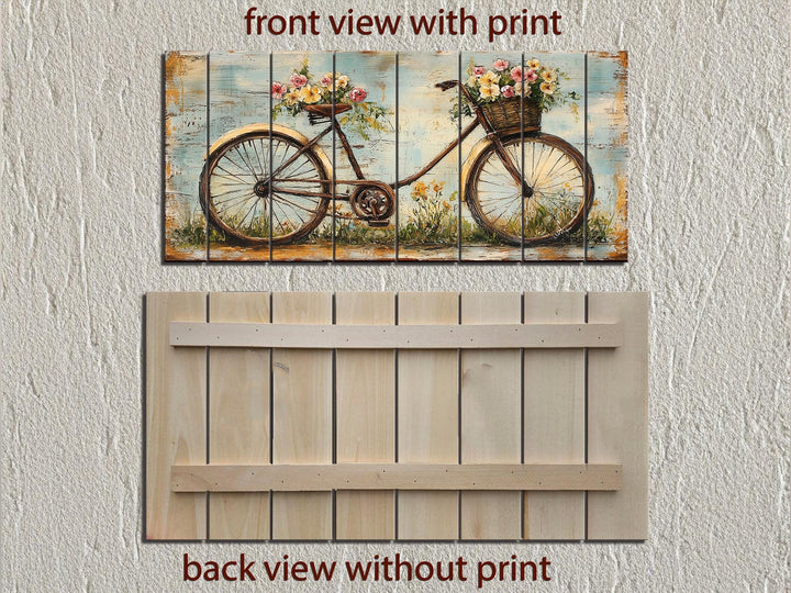 Vintage Bicycle With Flowers Distressed Wood Wall Art