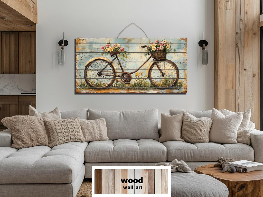 Vintage Bicycle With Flowers Distressed Wood Wall Art