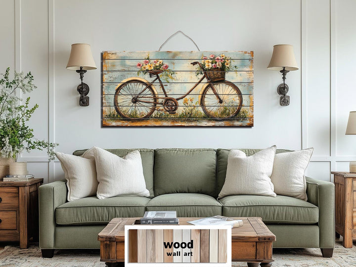 Vintage Bicycle With Flowers Distressed Wood Wall Art