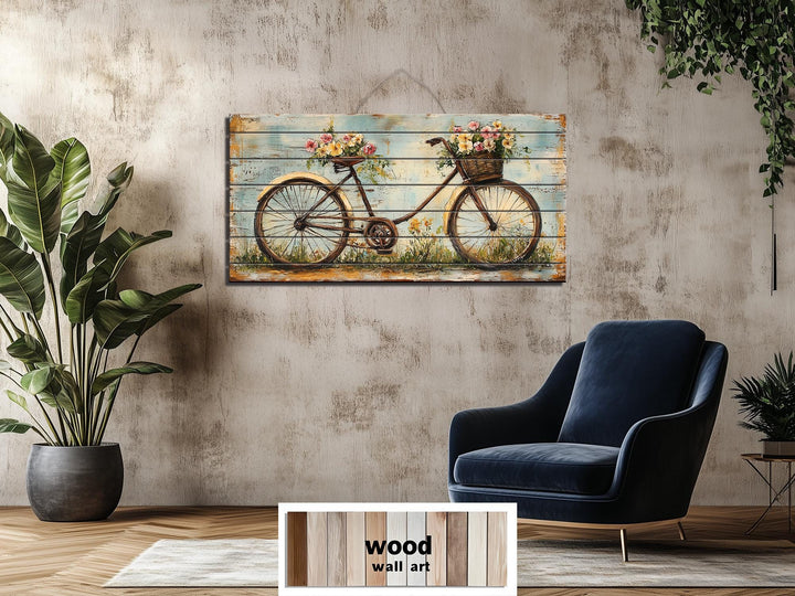 Vintage Bicycle With Flowers Distressed Wood Wall Art