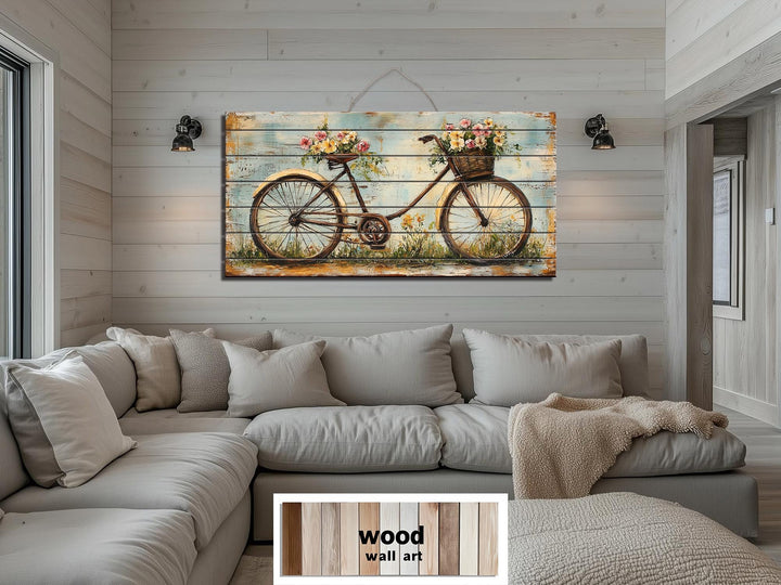 Vintage Bicycle With Flowers Distressed Wood Wall Art
