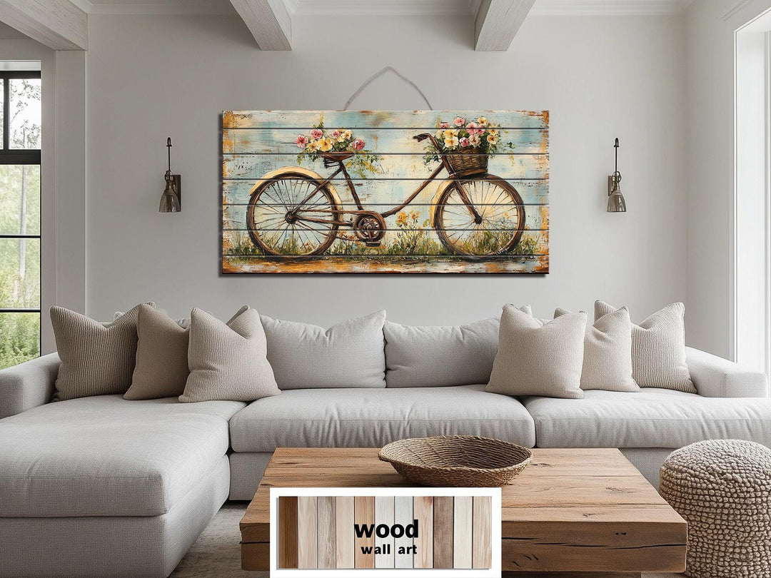 Vintage Bicycle With Flowers Distressed Wood Wall Art