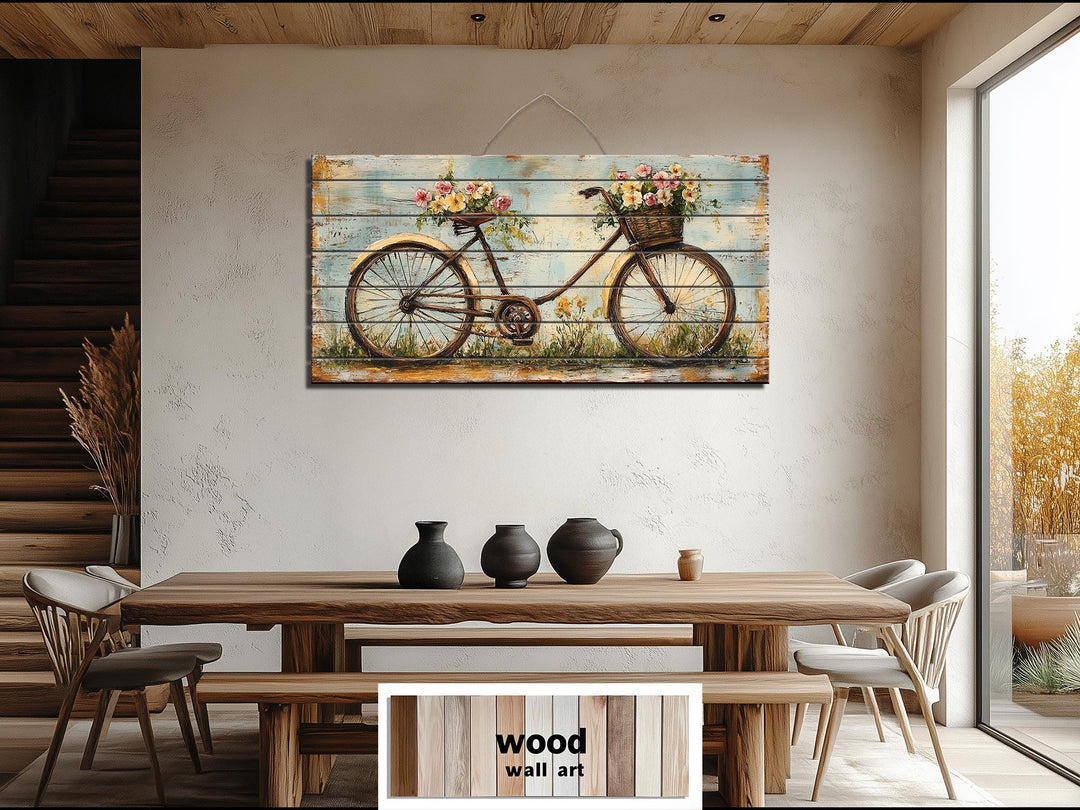 Vintage Bicycle With Flowers Distressed Wood Wall Art