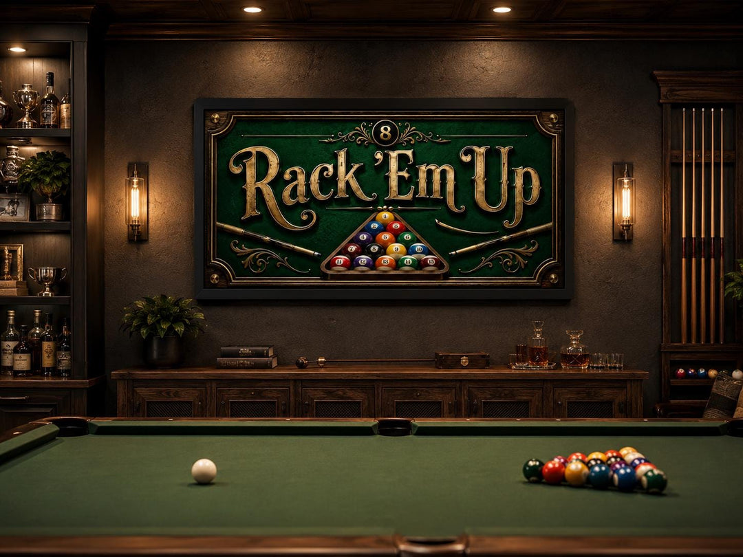 Vintage Rack 'Em Up billiards sign on a wall above a pool table in a classic game room setting.