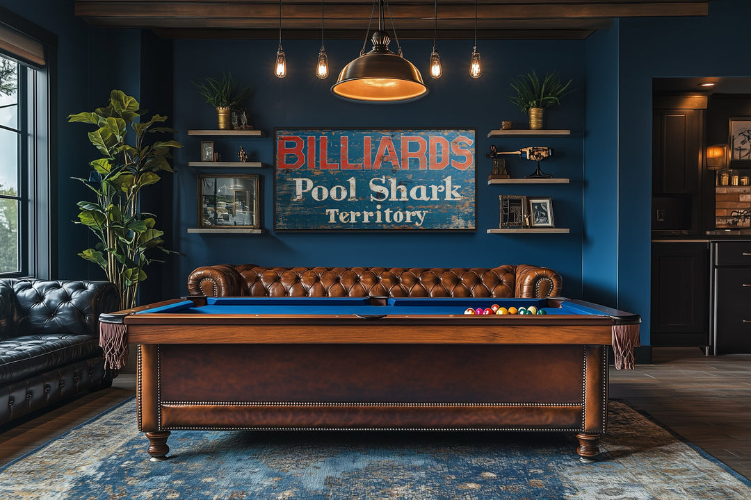 Vintage Billiards Sign with Pool Shark Territory text on a blue wall above a pool table.