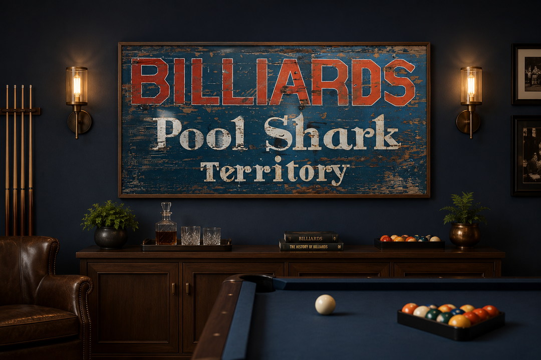Vintage Billiards Sign with Pool Shark Territory text on a distressed blue background wall art.