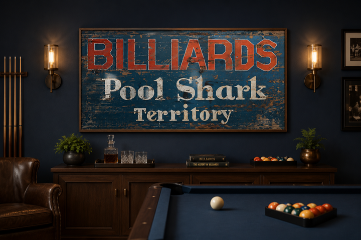 Vintage Billiards Sign with Pool Shark Territory text on a distressed blue background wall art.