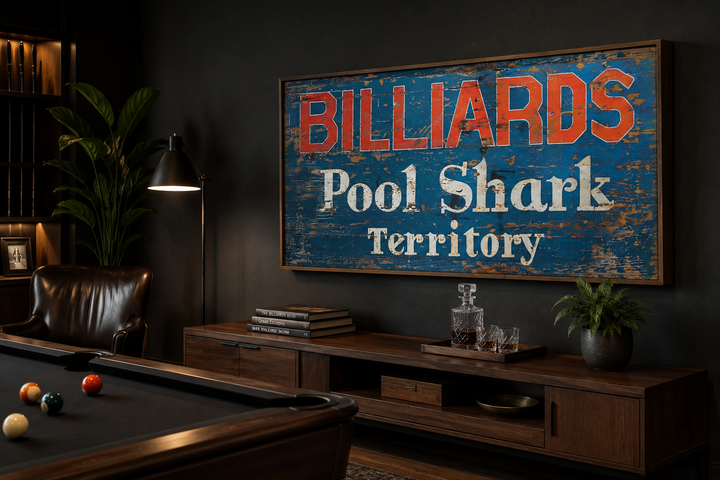 Vintage Billiards Sign with 'Pool Shark Territory' text on a distressed blue canvas in a game room.